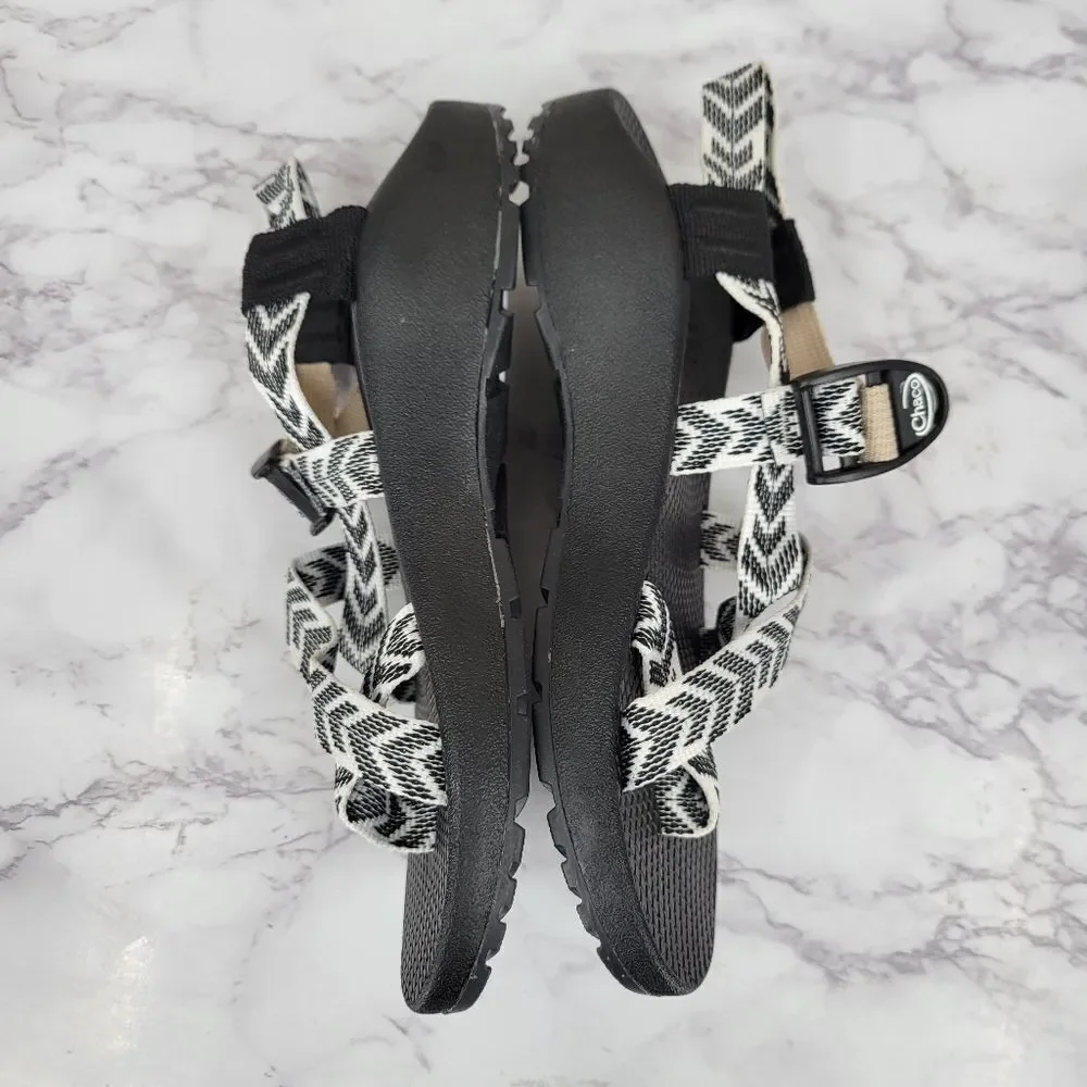 Chaco Women's Black Sandals with White Chevron Straps and Tan Accent